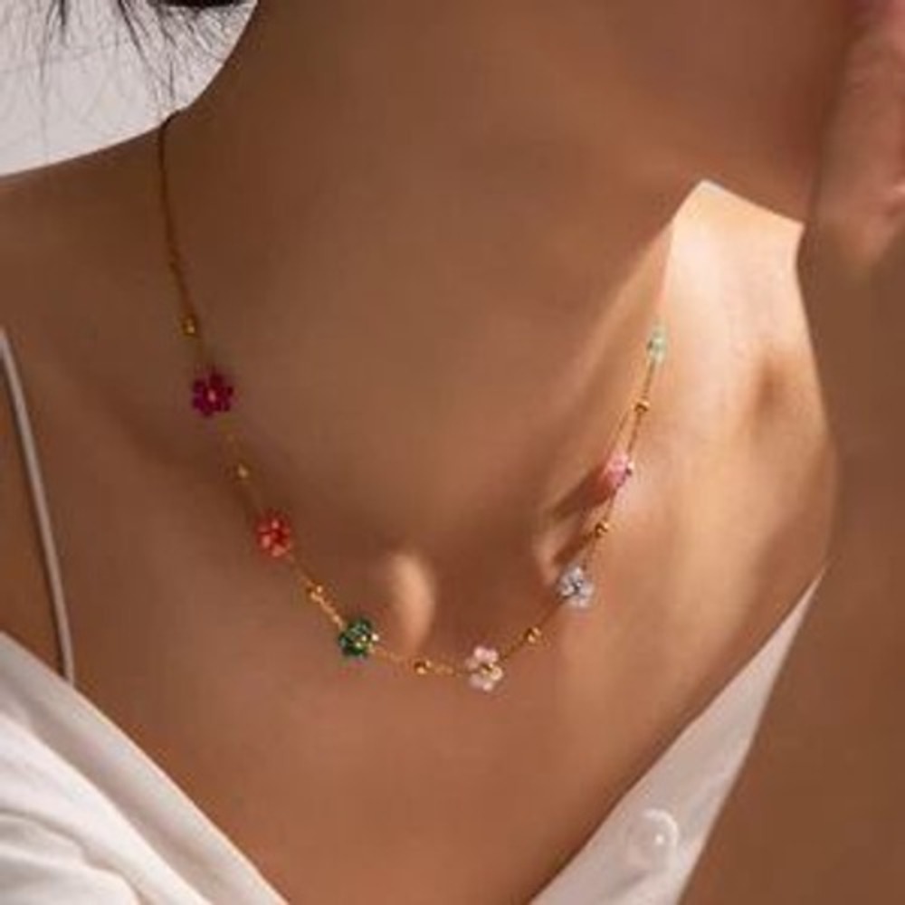 Multicolor Beaded Flower Gold Stainless Steel Chain Necklace Y2K Adjustable